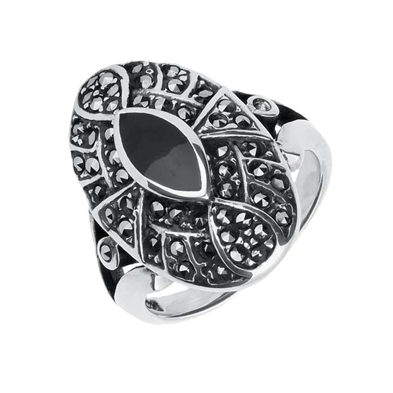 Sterling Silver Whitby Jet & Marcasite Decorative Shield Ring - Option1 Value Silver