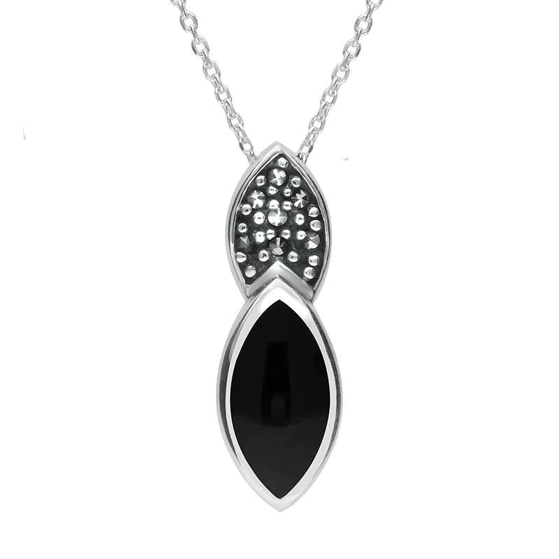 Sterling Silver Whitby Jet Marcasite Double Marquise Necklace - Silver