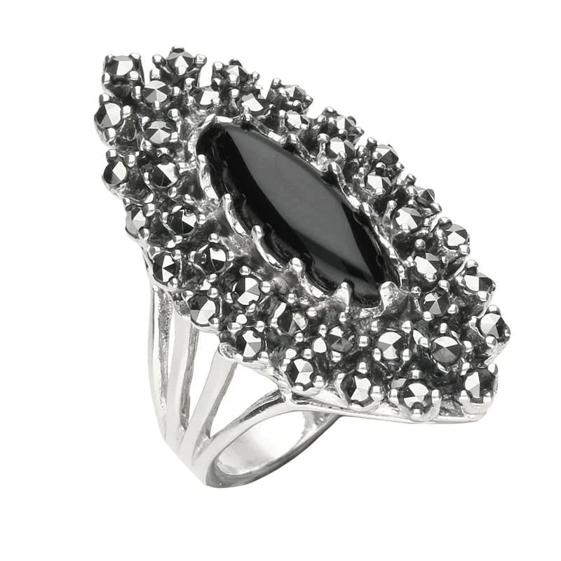 Sterling Silver Whitby Jet Marcasite Double Marquise Ring - Silver