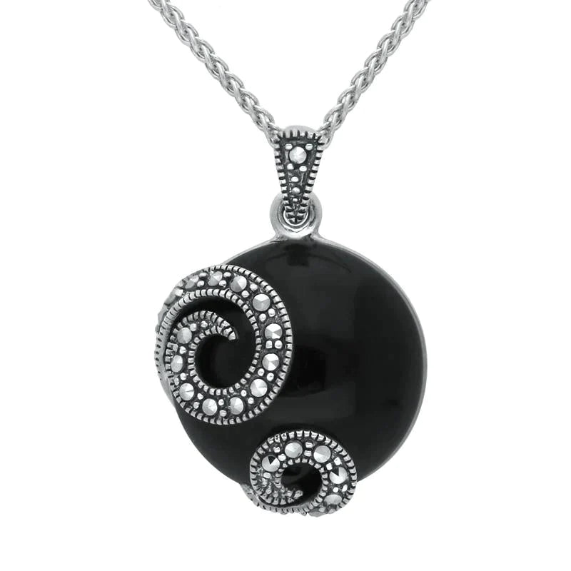 Sterling Silver Whitby Jet Marcasite Double Spiral Round Necklace - Silver