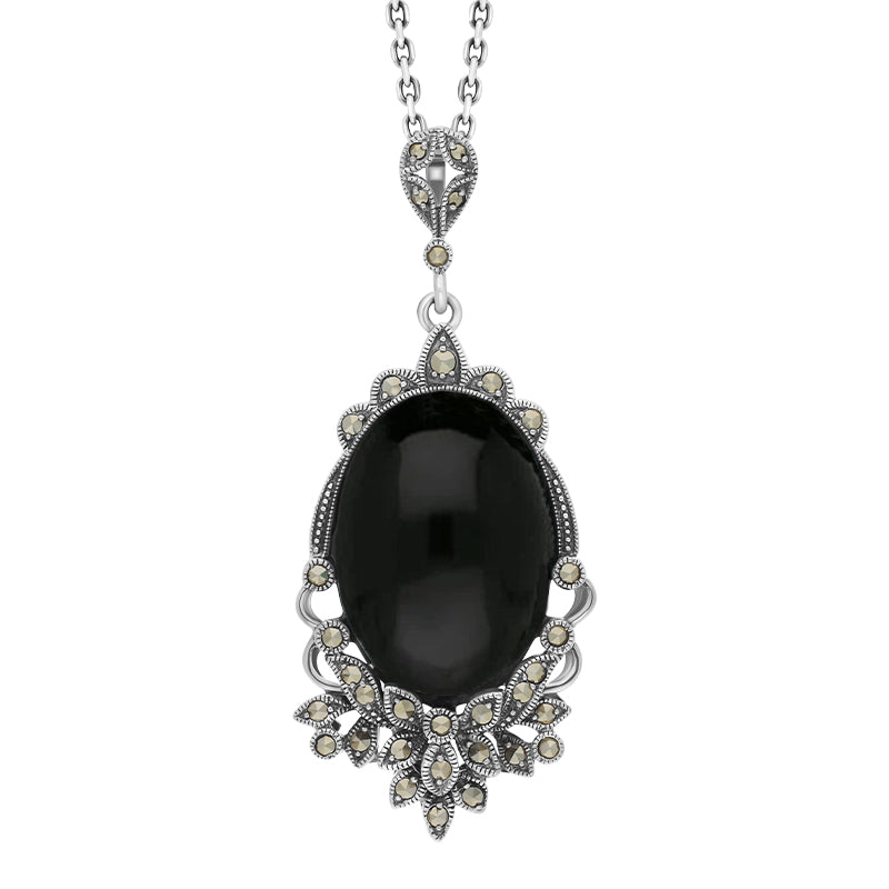 Sterling Silver Whitby Jet Marcasite Edge Oval Flower Large Necklace - Silver