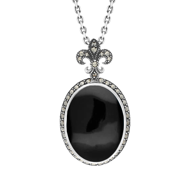 Sterling Silver Whitby Jet Marcasite Fleur De Lis Topped Oval Necklace - Silver