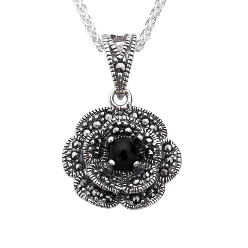 Sterling Silver Whitby Jet Marcasite Flower Necklace - Silver