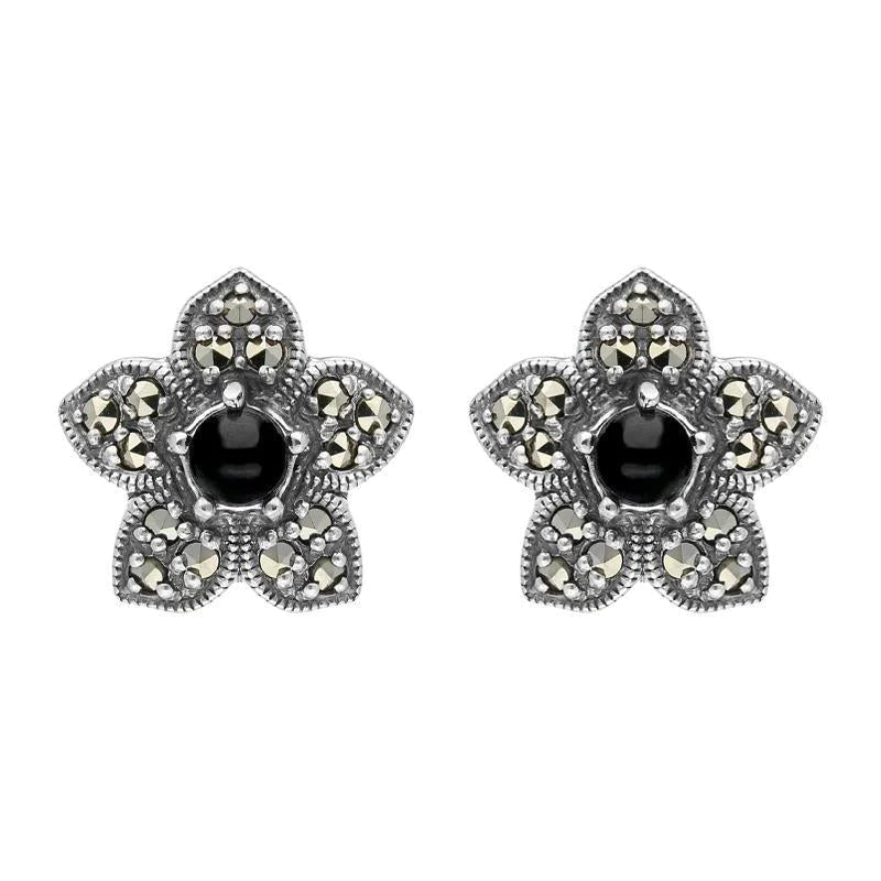 Sterling Silver Whitby Jet Marcasite Flower Stud Earrings