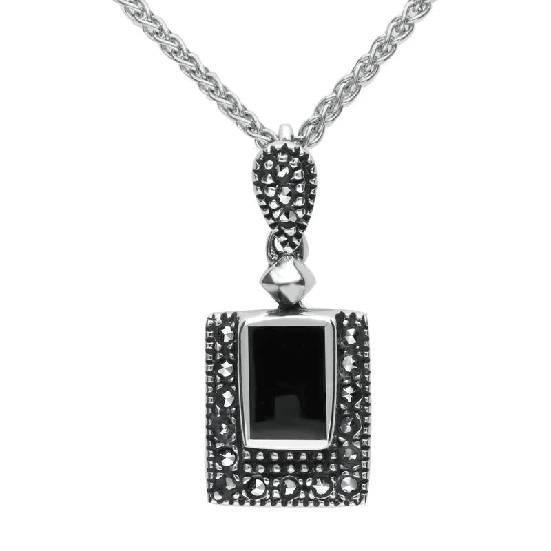 Sterling Silver Whitby Jet Marcasite Framed Oblong Necklace - Silver