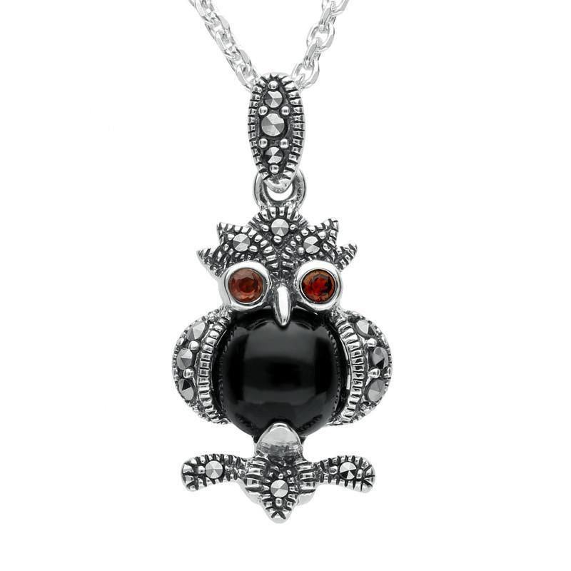 Sterling Silver Whitby Jet Marcasite Garnet Owl Necklace - Silver