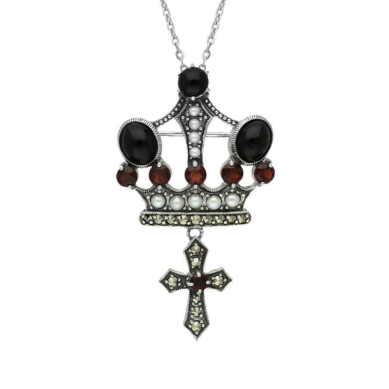 Sterling Silver Whitby Jet Marcasite Garnet Pearl Crown & Cross Necklace - Silver