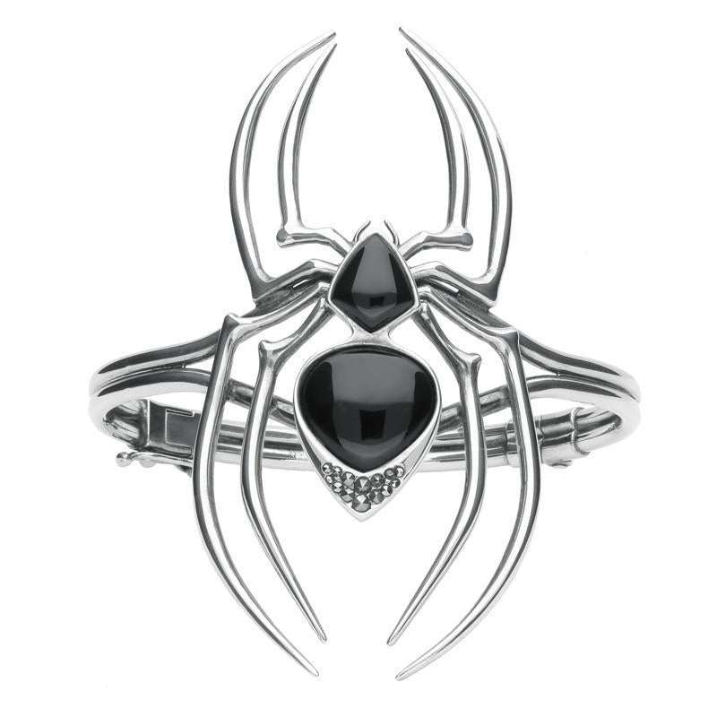 Sterling Silver Whitby Jet & Marcasite Gothic Spider Bangle - Silver
