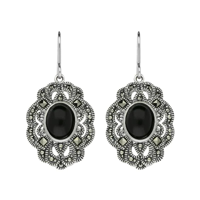 Sterling Silver Whitby Jet Marcasite Lace Edge Oval Drop Earrings