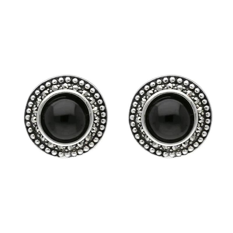 Sterling Silver Whitby Jet Marcasite Large Round Framed Stud Earrings - Silver