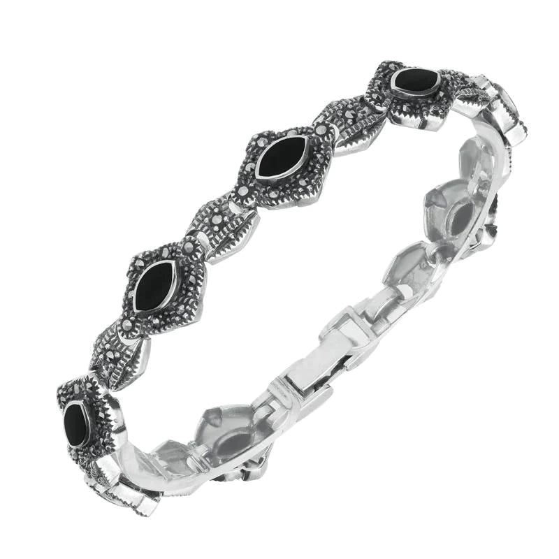Sterling Silver Whitby Jet Marcasite Marquise Link Bracelet - Option1 Value Silver