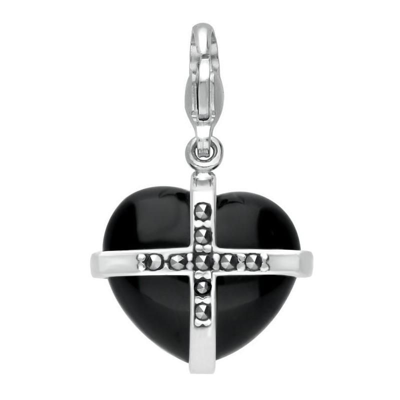 Sterling Silver Whitby Jet Marcasite Medium Cross Heart Charm - Silver