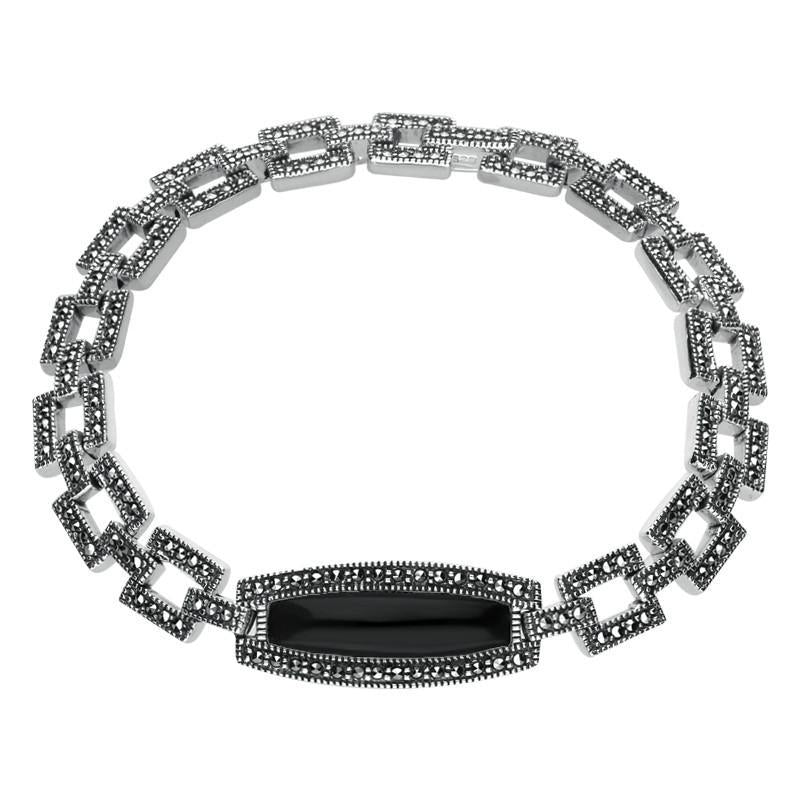 Sterling Silver Whitby Jet & Marcasite Oblong Curved Link Bracelet - Silver