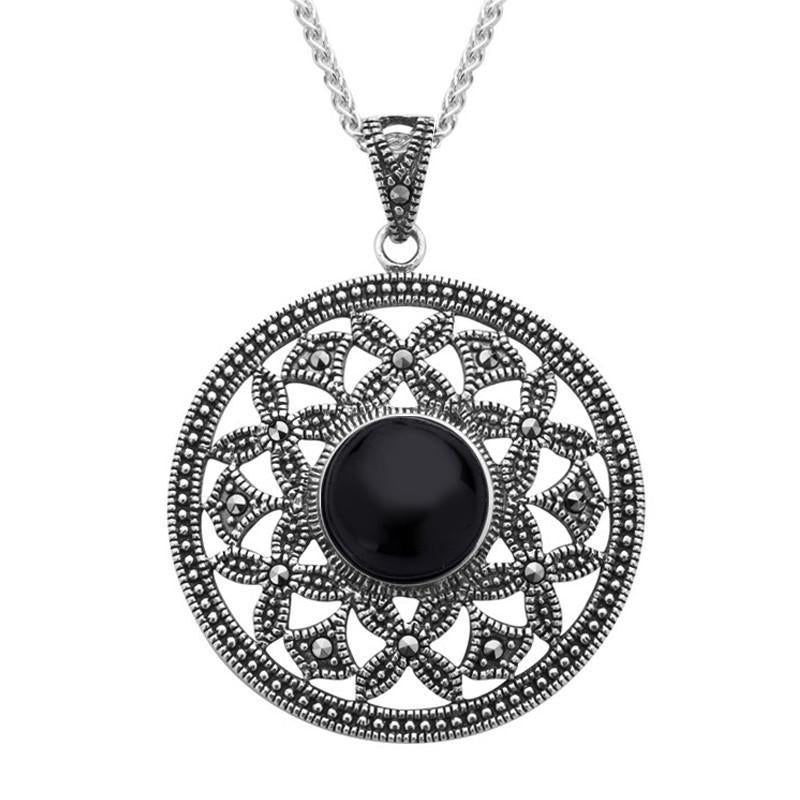 Sterling Silver Whitby Jet Marcasite Open Circle Necklace - Silver