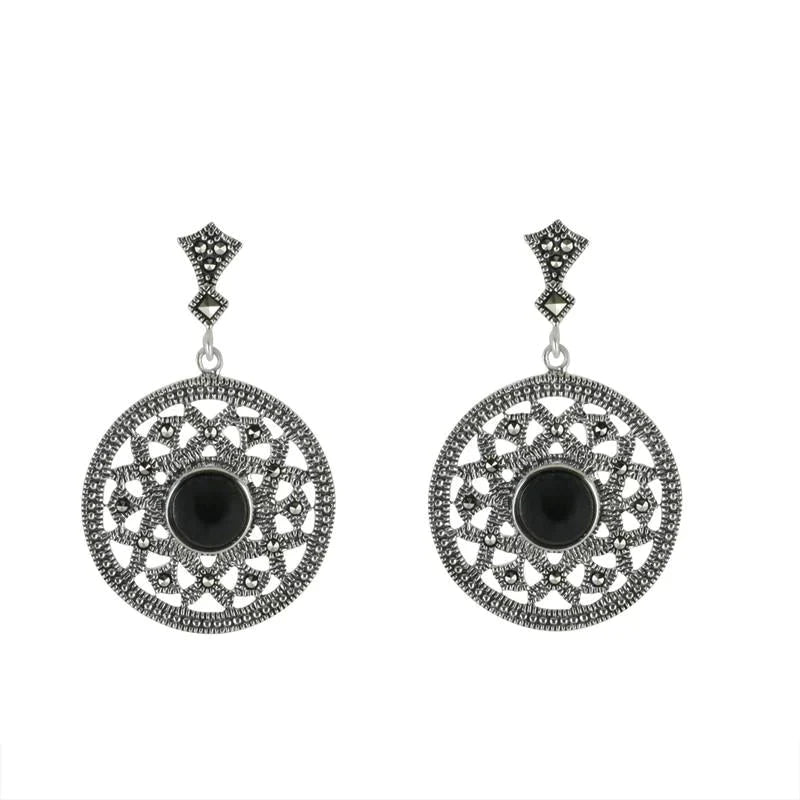Sterling Silver Whitby Jet Marcasite Open Circle Round Drop Earrings - Silver