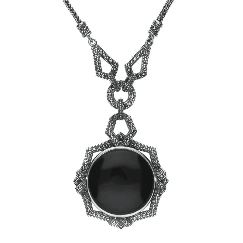 Sterling Silver Whitby Jet Marcasite Ornate Framed Necklace - Silver
