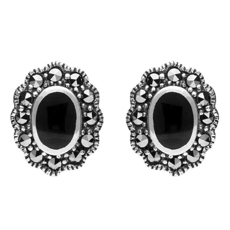 Sterling Silver Whitby Jet Marcasite Oval Beaded Edge Stud Earrings - Silver
