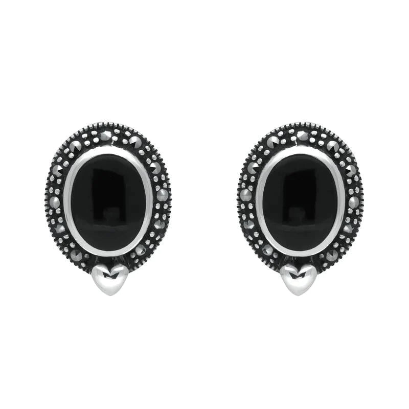 Sterling Silver Whitby Jet Marcasite Oval Framed Stud Earrings - Silver
