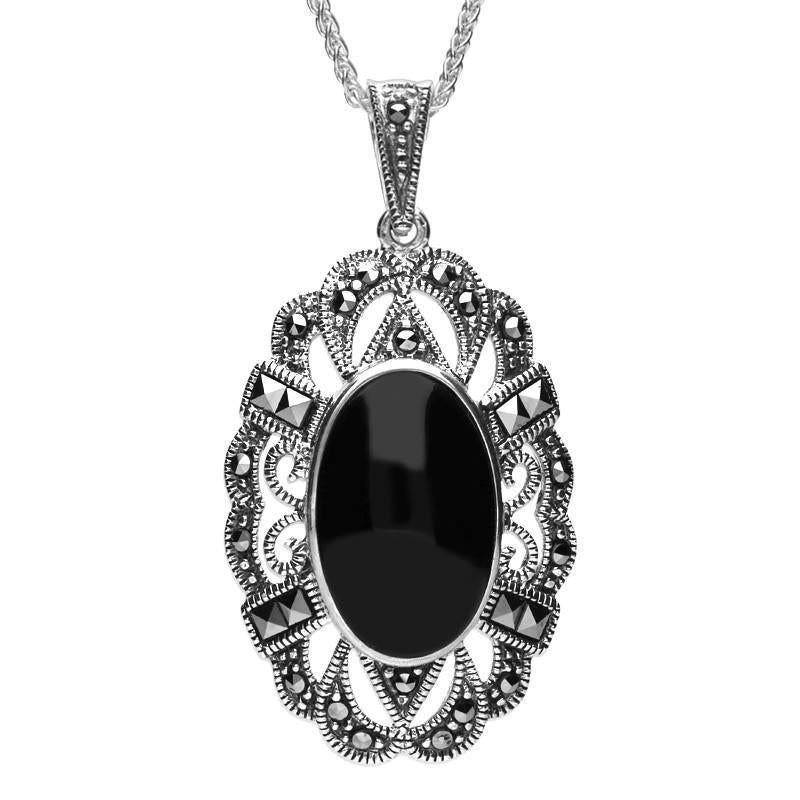 Sterling Silver Whitby Jet Marcasite Oval Lace Edge Necklace - Option1 Value Silver