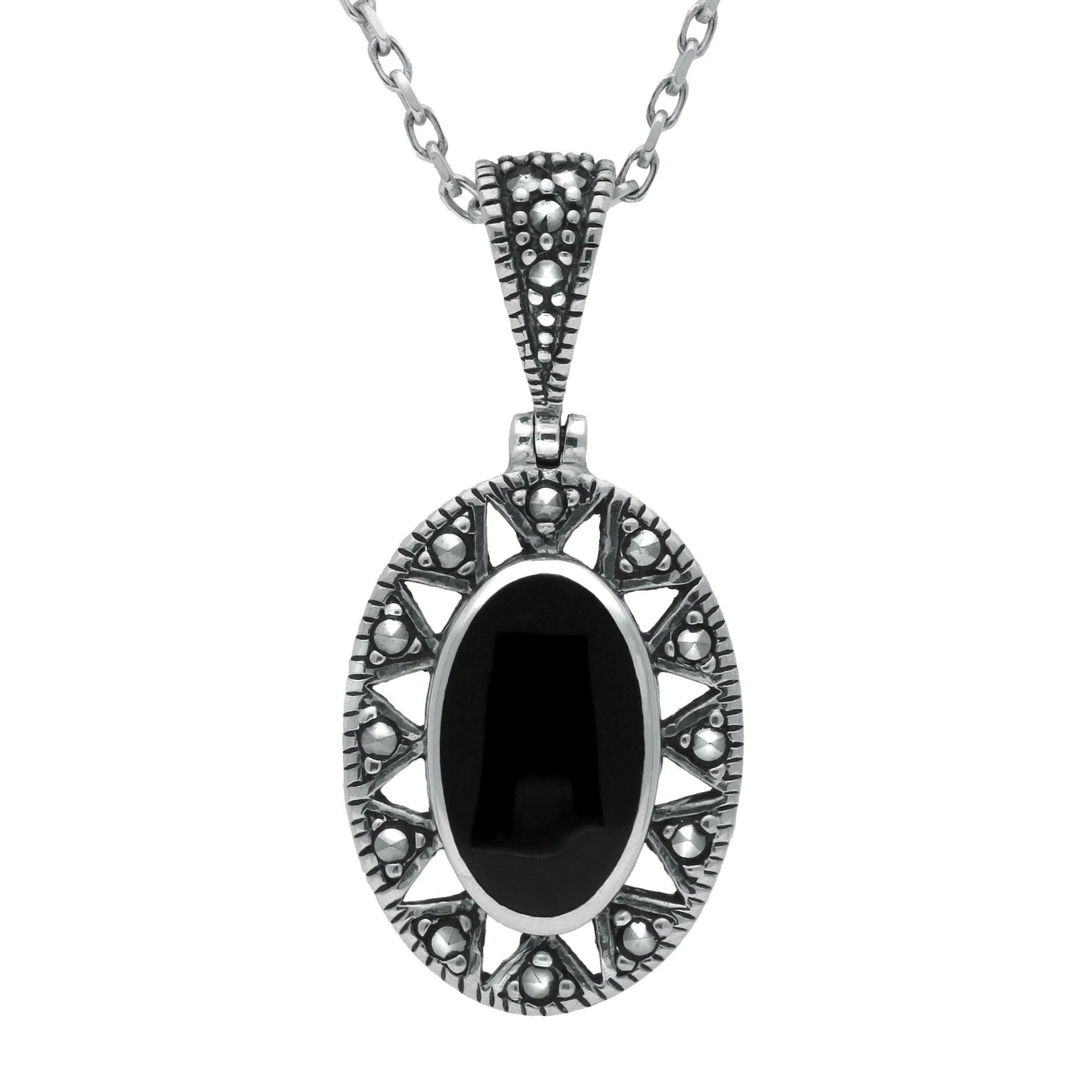Sterling Silver Whitby Jet Marcasite Oval Necklace - Option1 Value Silver