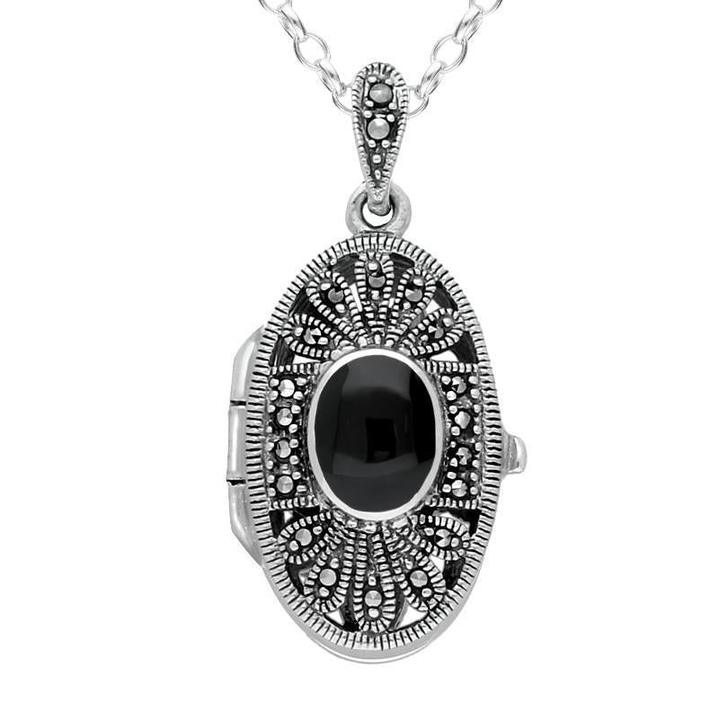 Sterling Silver Whitby Jet Marcasite Oval Floral Locket Necklace - Silver