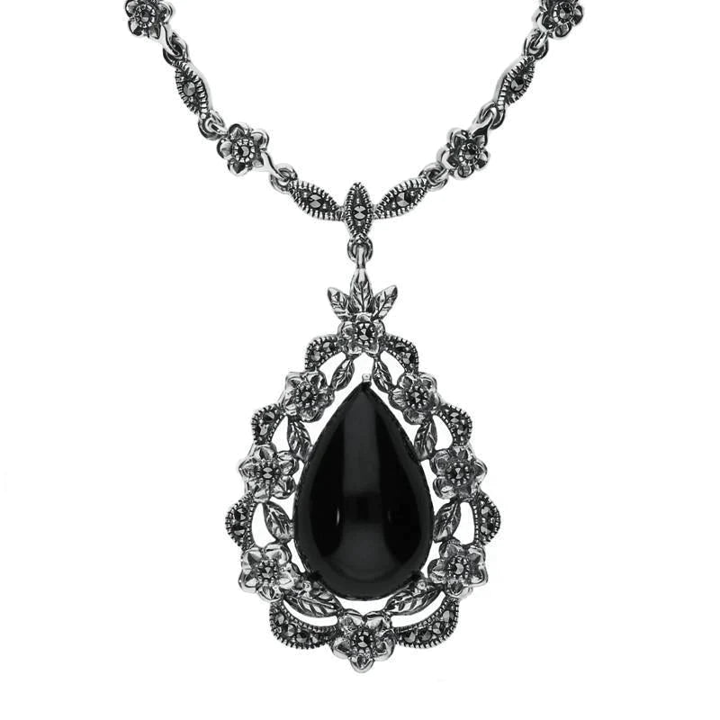 Sterling Silver Whitby Jet Marcasite Pear Cut Floral Necklace - Silver
