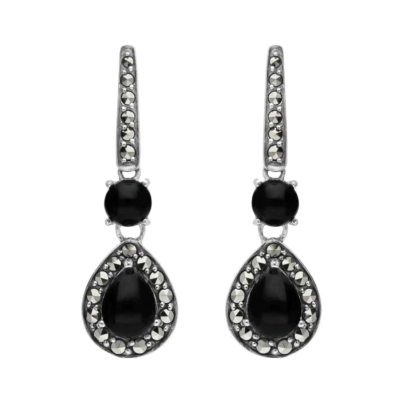 Sterling Silver Whitby Jet Marcasite Pear Drop Earrings
