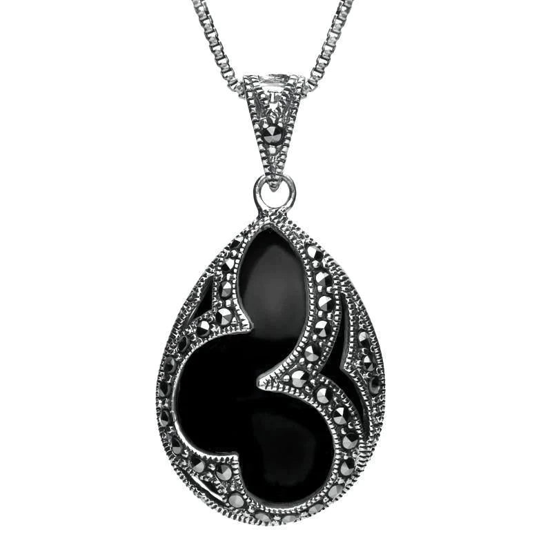 Sterling Silver Whitby Jet Marcasite Pear Drop Necklace - Silver