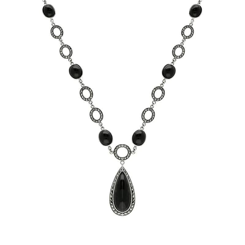 Sterling Silver Whitby Jet Marcasite Pear Drop Oval Chain Necklace - Silver