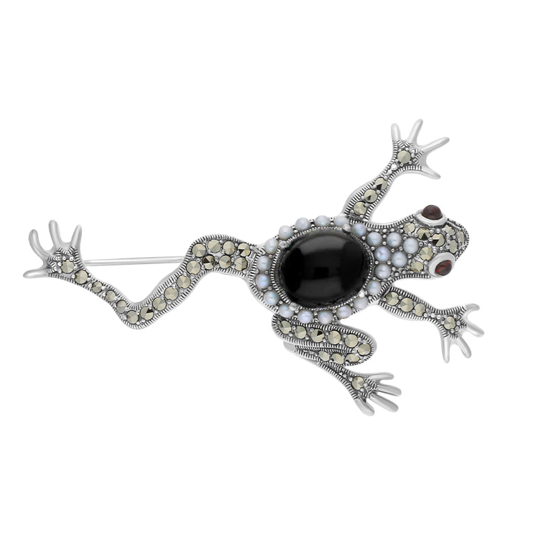 Sterling Silver Whitby Jet Marcasite Pearl Garnet Frog Brooch - Silver