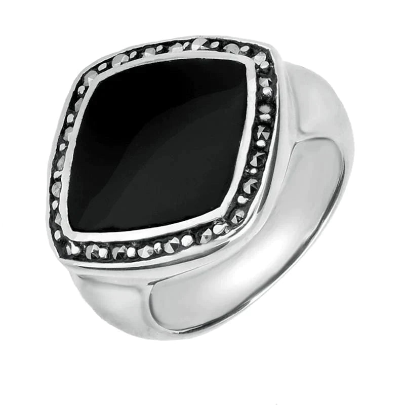 Sterling Silver Whitby Jet Marcasite Rhombus Framed Ring - Silver