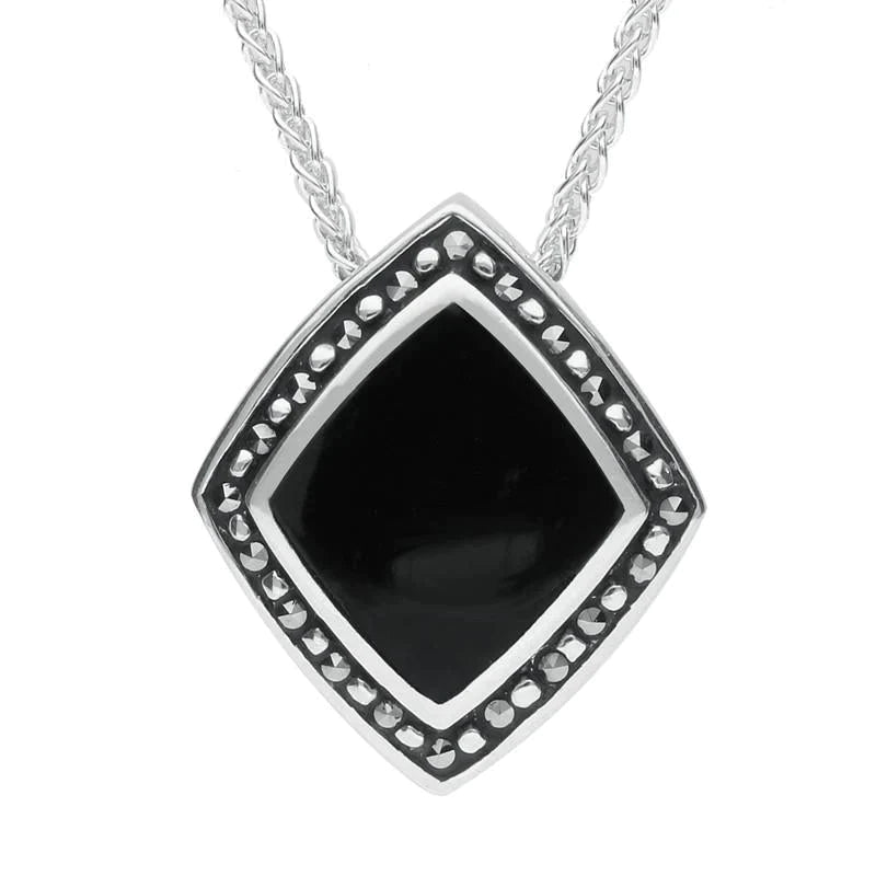 Sterling Silver Whitby Jet Marcasite Rhombus Necklace - Silver