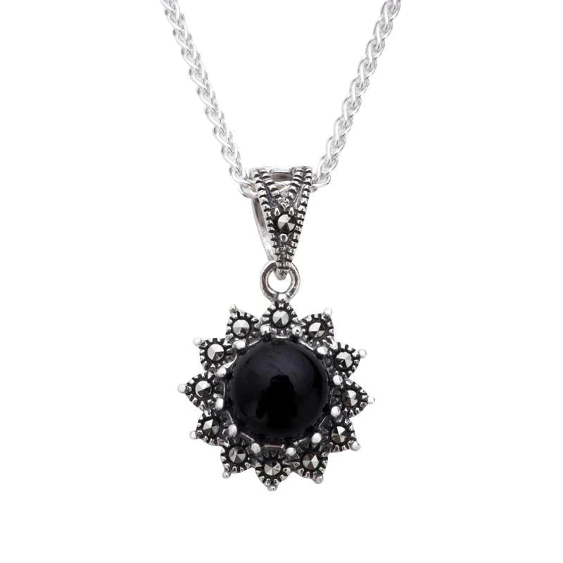 Sterling Silver Whitby Jet Marcasite Round Beaded Edge Necklace - Silver