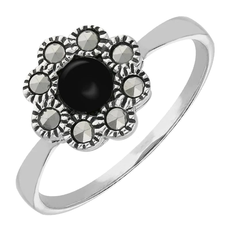 Sterling Silver Whitby Jet Marcasite Round Beaded Edge Ring - Option1 Value Silver