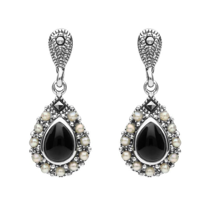 Sterling Silver Whitby Jet Marcasite Pearl Round Edge Bead Drop Earrings - Silver