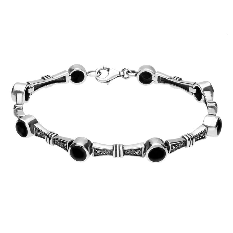 Sterling Silver Whitby Jet Marcasite Eight Stone Round Link Bracelet - Silver