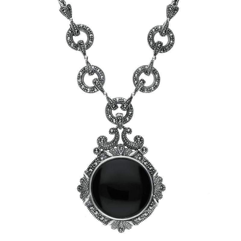 Sterling Silver Whitby Jet Marcasite Round Ornate Necklace - Silver