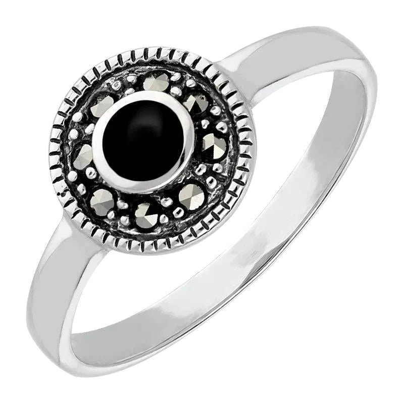 Sterling Silver Whitby Jet Marcasite Beaded Edge Ring - Silver