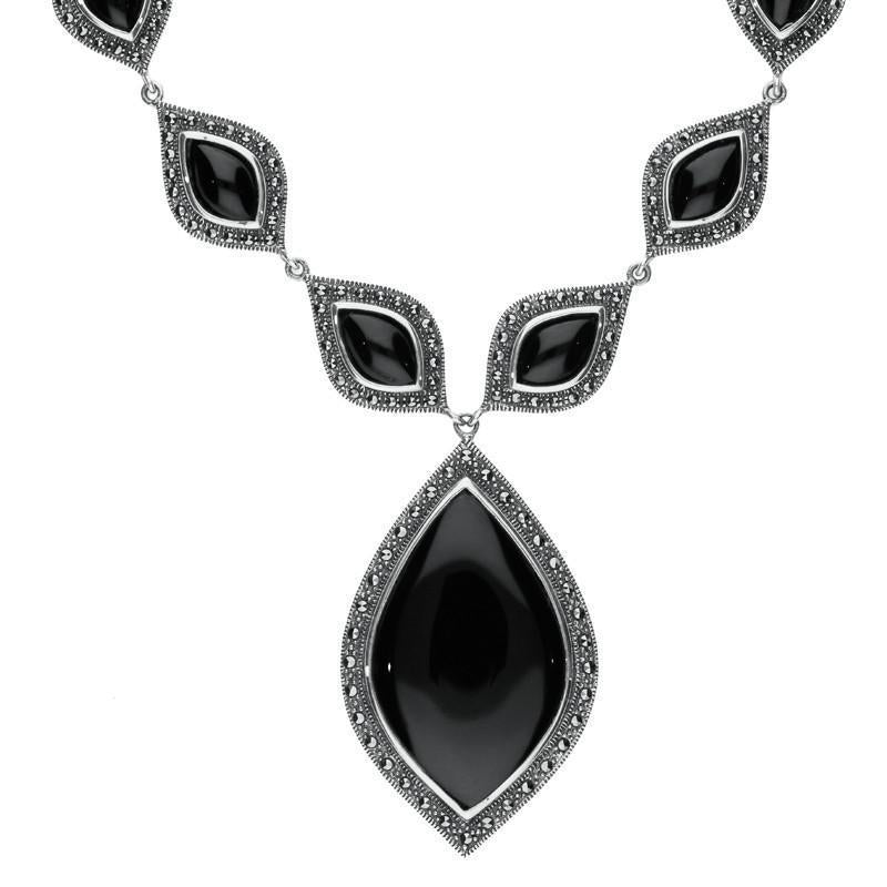 Sterling Silver Whitby Jet Marcasite Seventeen Pear Drop Necklace - Silver