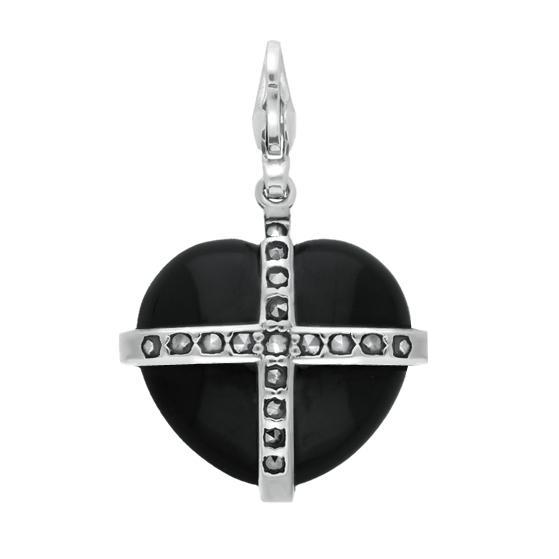 Sterling Silver Whitby Jet Marcasite Small Cross Heart Charm - Silver