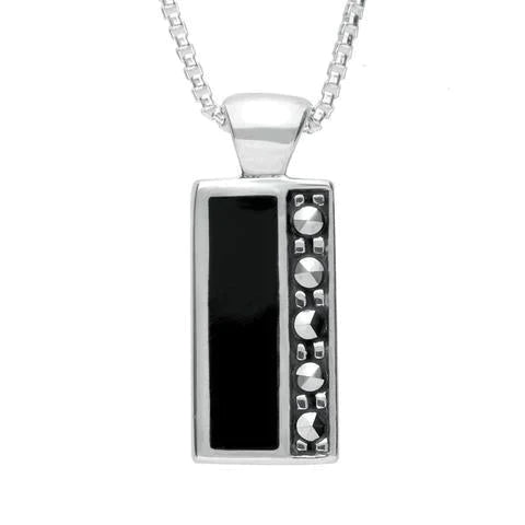 Sterling Silver Whitby Jet Marcasite Small Oblong Necklace - Silver
