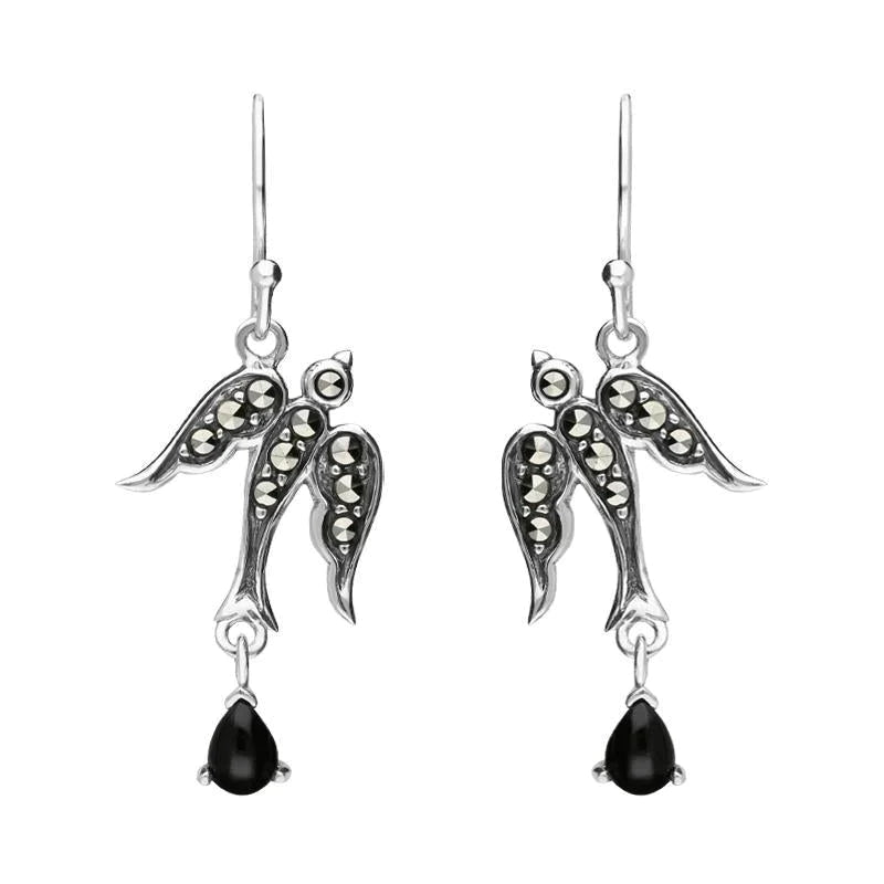 Sterling Silver Whitby Jet Marcasite Swallow Drop Earrings - Silver