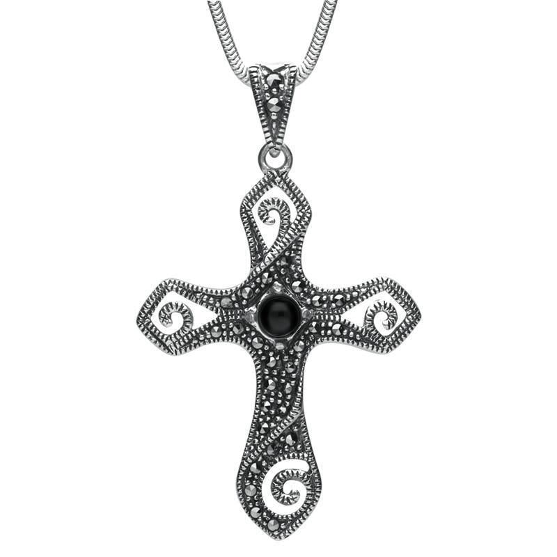 Sterling Silver Whitby Jet Marcasite Swirl Cross Necklace - Silver