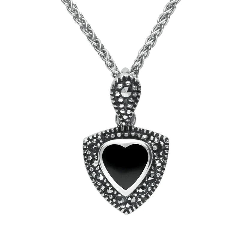 Sterling Silver Whitby Jet Marcasite Triangle Heart Necklace - Silver