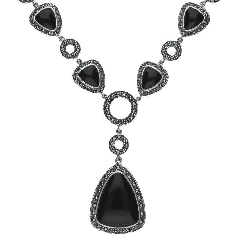 Sterling Silver Whitby Jet Marcasite Triangular Thirteen Stone Necklace - Silver