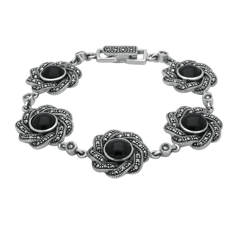 Sterling Silver Whitby Jet & Marcasite Twisted Ribbon Bracelet - Silver