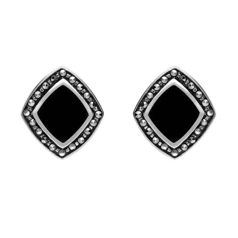 Sterling Silver Whitby Jet Marcasite Wide Rhombus Framed Stud Earrings - Silver