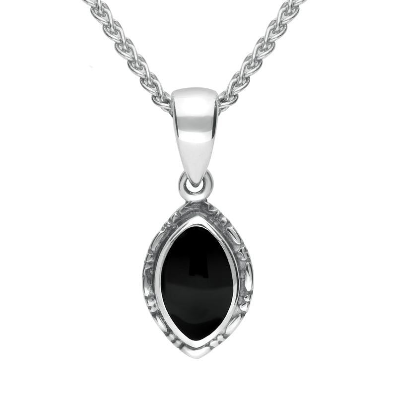 Sterling Silver Whitby Jet Marquise Bead Edge Necklace - Silver