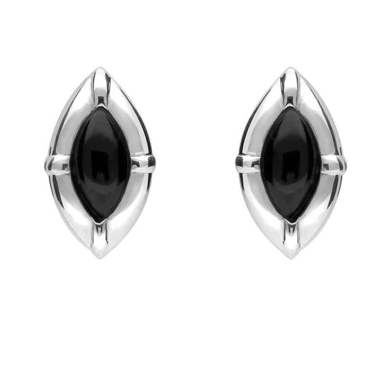 Sterling Silver Whitby Jet Marquise Beaded Edge Stud Earrings