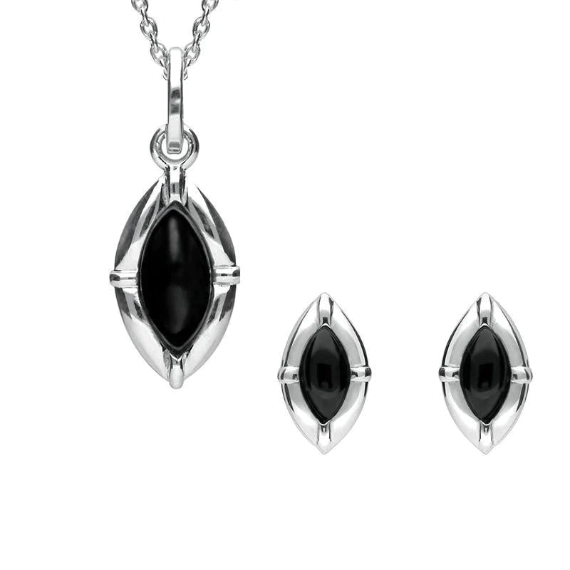 Sterling Silver Whitby Jet Marquise Beaded Edge Two Piece Set - Silver